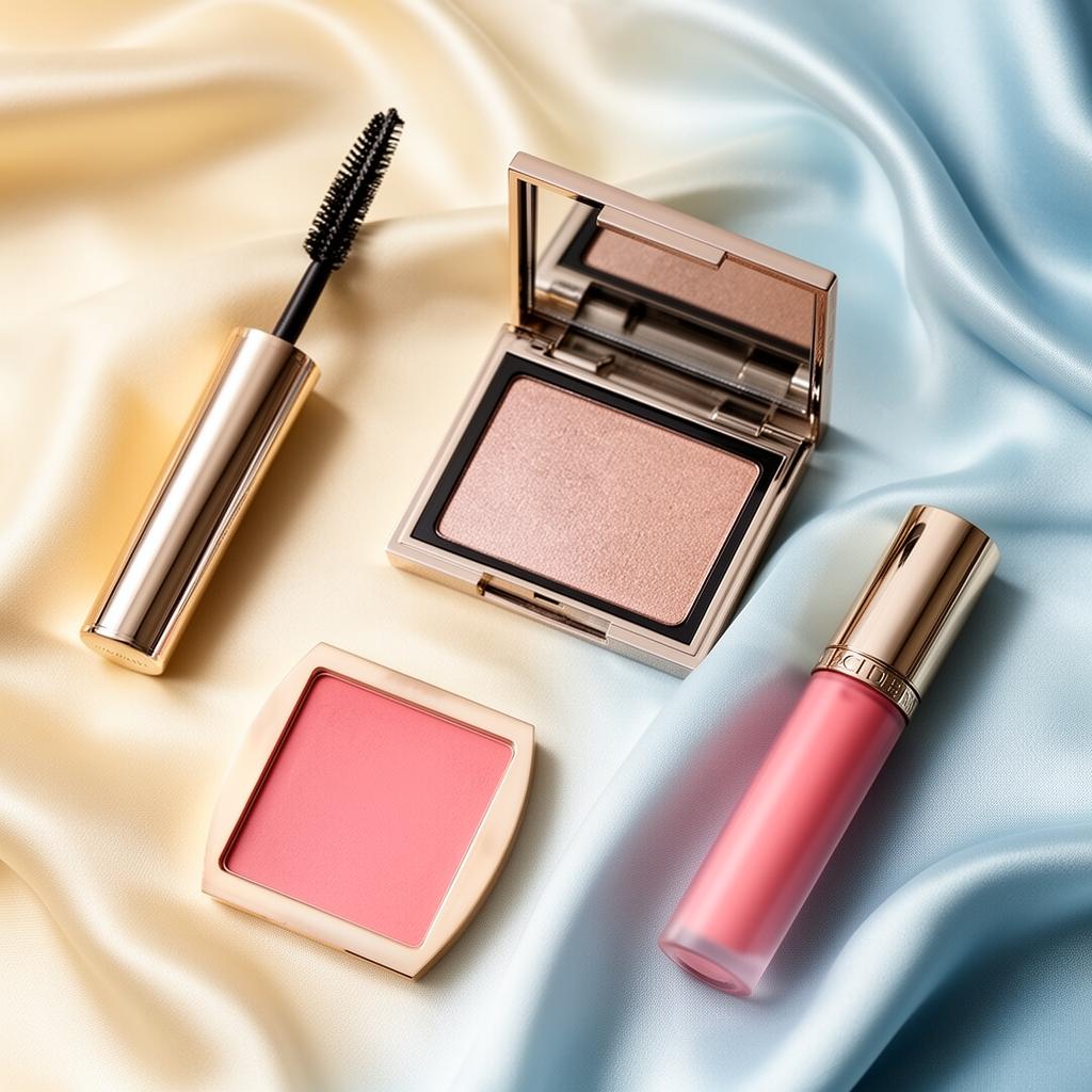 Cellmetics Beauty makeup product flat lay on silk fabric