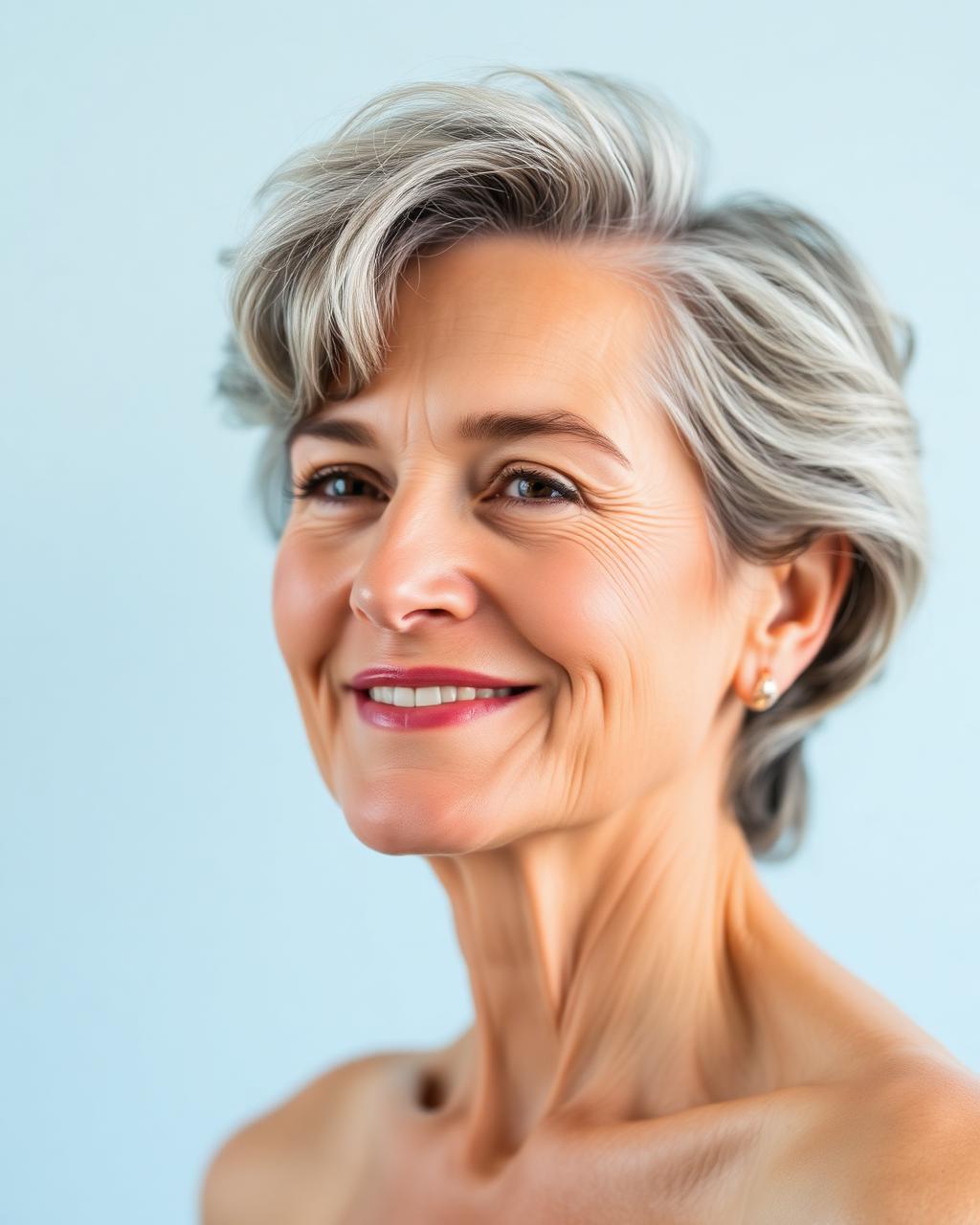 Woman in her fifties with natural glowing skin, soft daylight portrait
